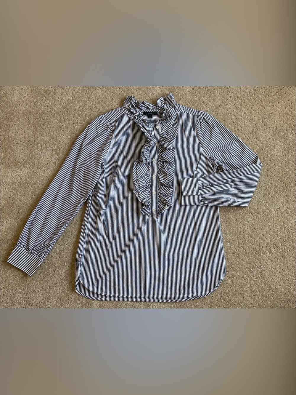 *NWOT* J. Crew LS Ruffle Front Classic Fit 3/4 Button Up Blouse, Black, White, S